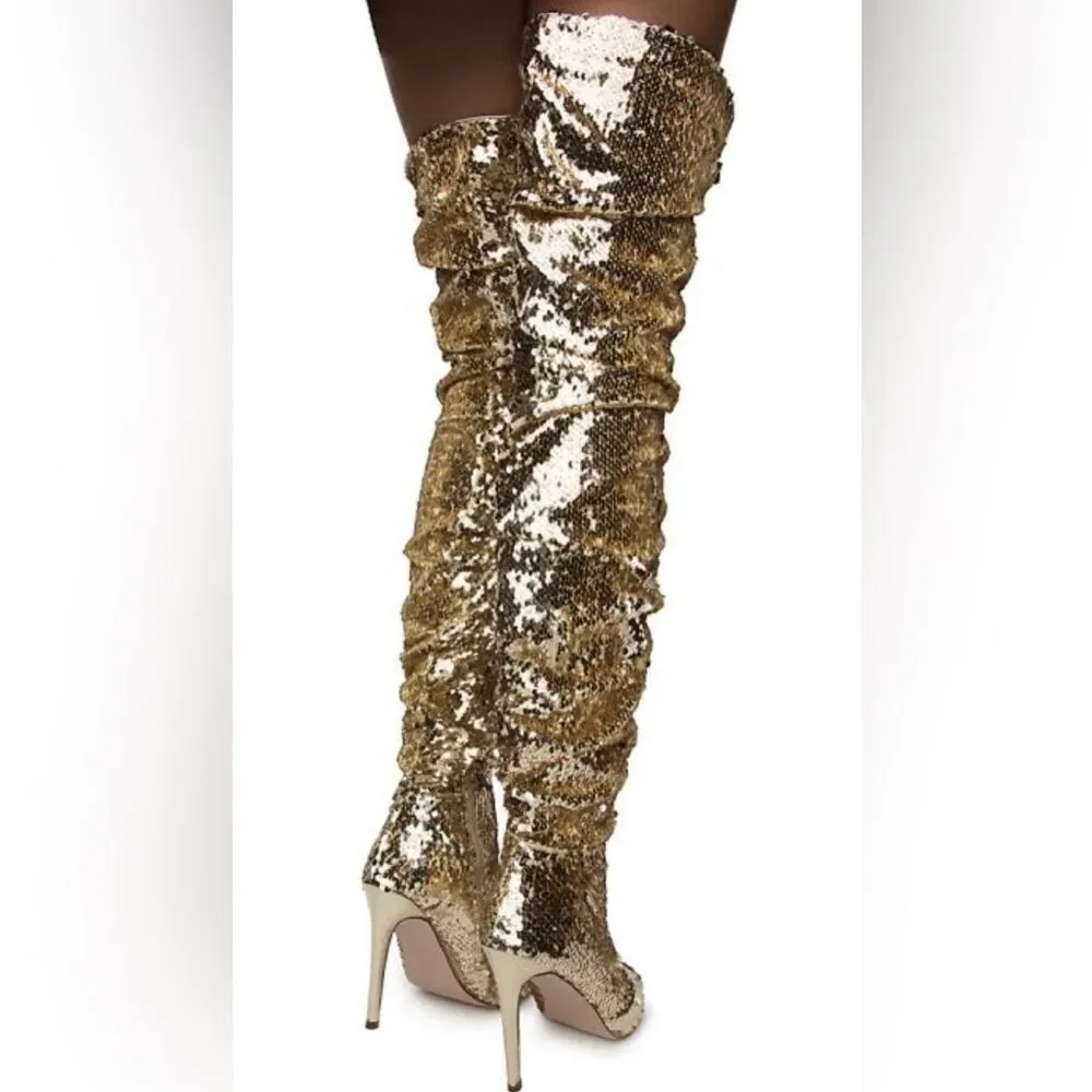 Elegant Collection Gold Sequin Over-the-Knee ruched open toe Boots, US7